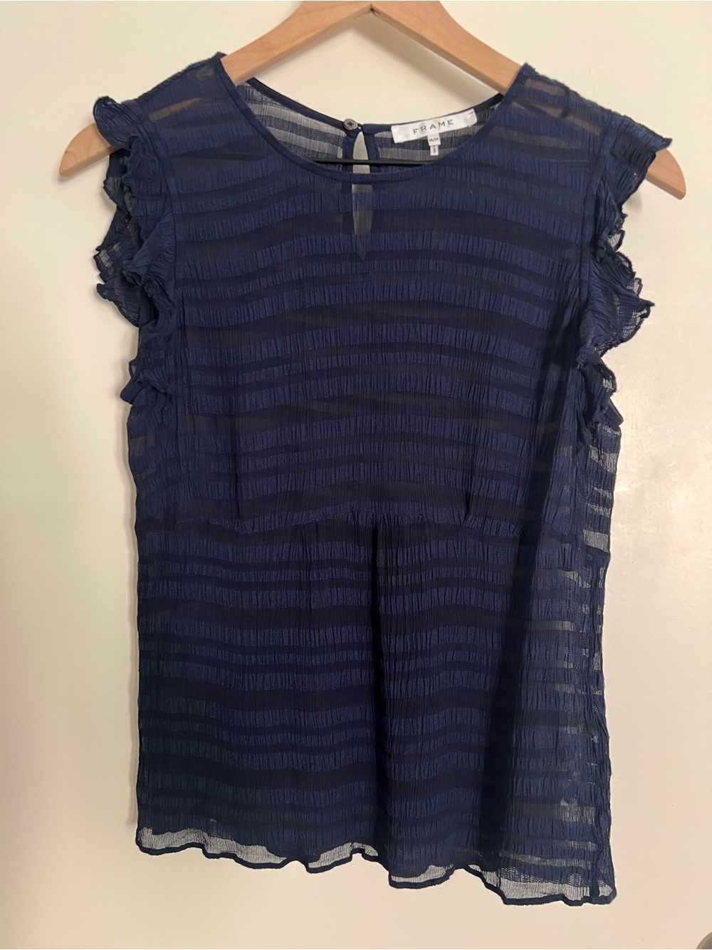 FRAME Navy Sheer Stripe Ruffle Sleeve Top